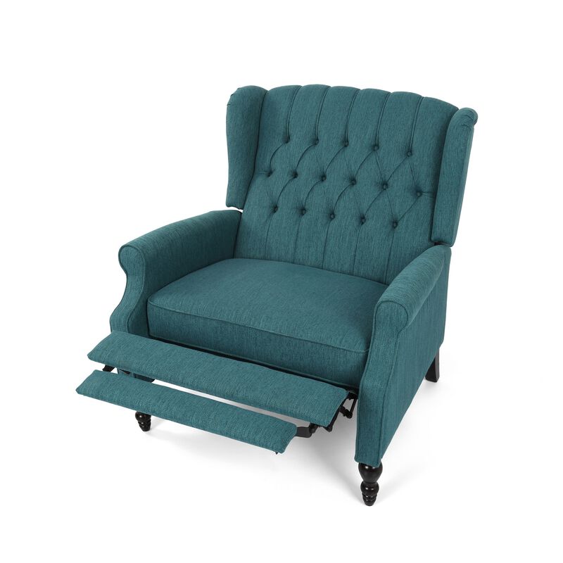 Jade Oversize Wide Chair Manual Recliner, Wingback, Teal Button Tufted - Benzara