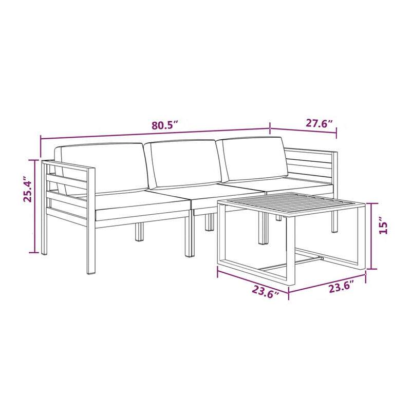Shina 4pc Outdoor Modular Sofa Set, Dark Gray Aluminum, Cushions - Benzara
