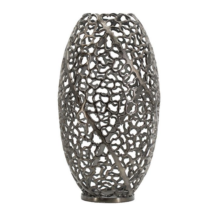 14 Inch Aluminum Accent Vase, Tall Curved Cut Out Design, Intricate Details - Benzara
