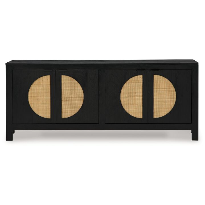 Sideboard Cabinet Console, 4 Doors Woven Cane, 70 Inch Black and Brown - Benzara