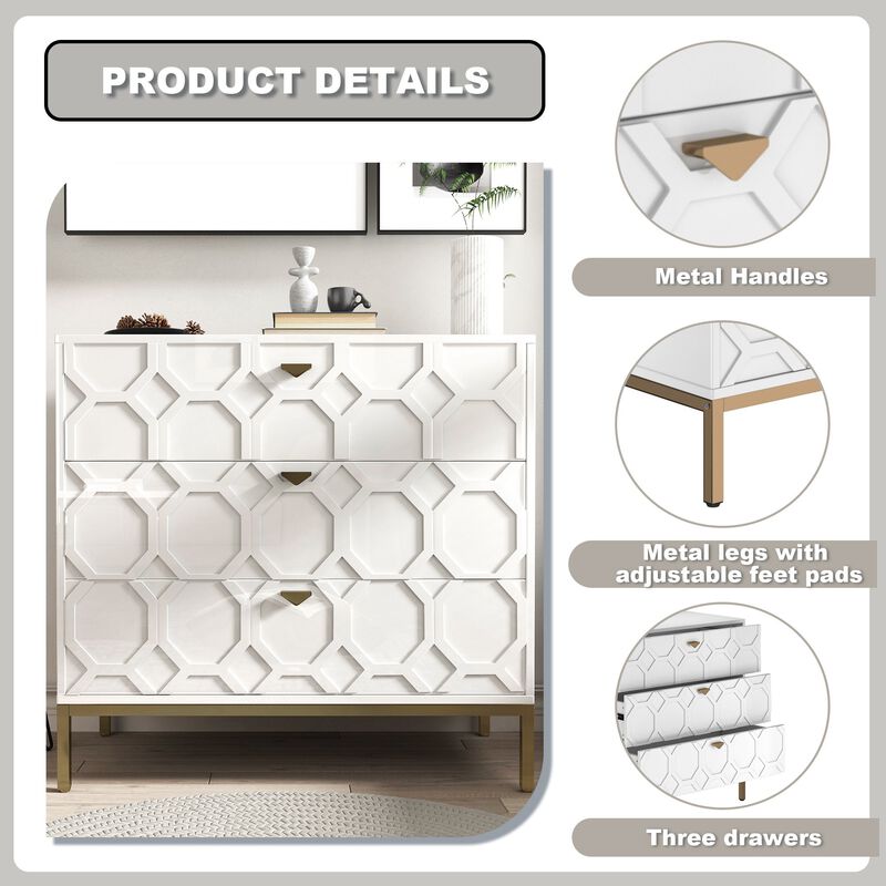 MONDAWE Freestranding Honeycomb Wooden 3-Drawer Storage Cabinet Table