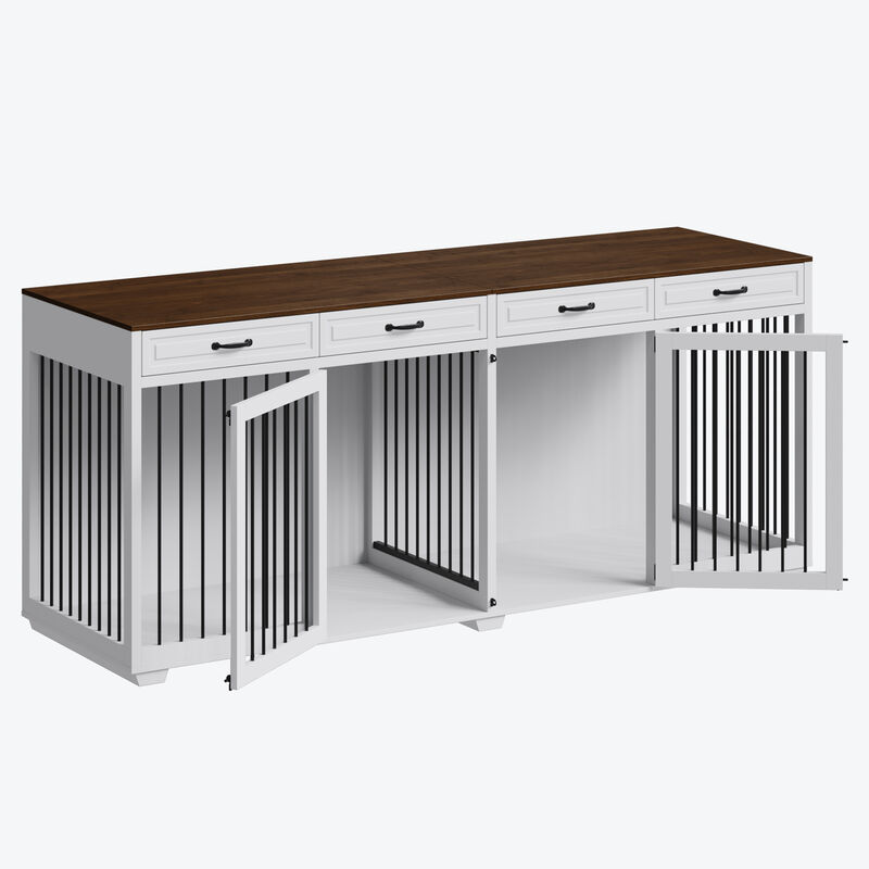 92.9 in. Super Large Dog Crate Furniture, Indoor Wooden Dog House Kennel w/4-Drawers and Divider, XXXL for 2 Large Dogs