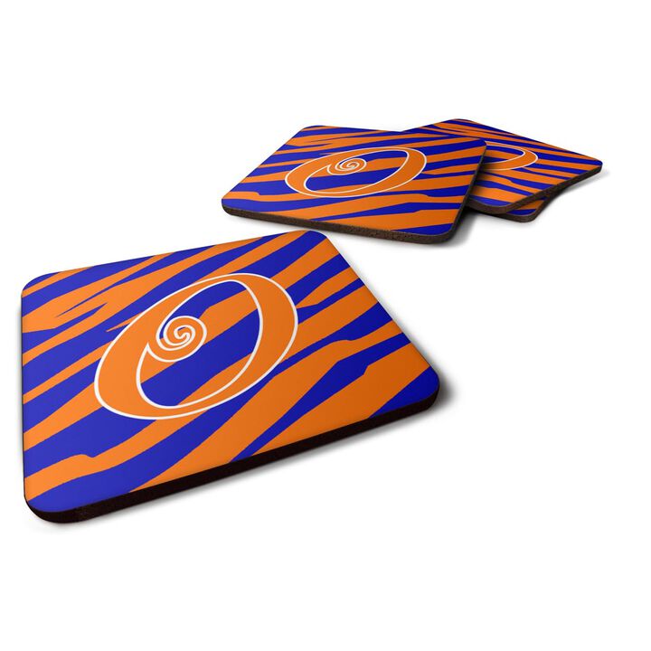 Caroline's Treasures CJ1036-OFC Monogram-Tiger Stripe Blue and Orange Foam Coasters (Set of 4), Initial Letter O, 3.5 H x 3.5 W, Multicolor