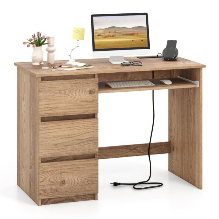 Hivvago Computer Desk with Power Outlet Keyboard Tray and 3 Large Drawers