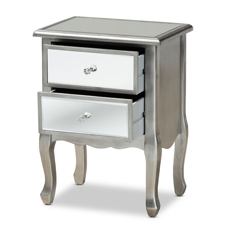 Baxton Studio Leonie Brushed Silver Finished Wood and Mirrored Glass 2 Drawer End Table