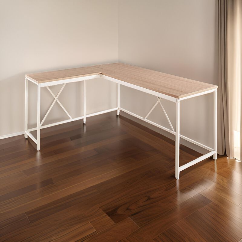 Posy Corner Desk, L Shaped White Metal Frame, X Crossed, Oak Brown Wood Top - Benzara
