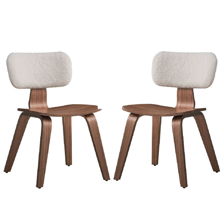 Aon 22 Inch Side Dining Chair Set of 2, Curved, White Boucle, Walnut Brown - Benzara