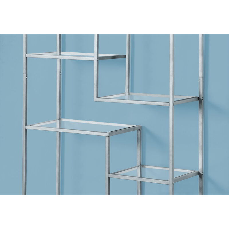 Monarch Specialties I 7158 Bookshelf, Bookcase, Etagere, 72"H, Office, Bedroom, Metal, Tempered Glass, Grey, Clear, Contemporary, Modern
