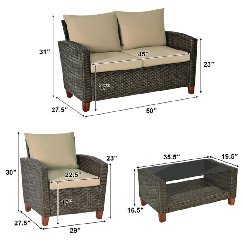 Hivvago 4 Pieces Patio Rattan Furniture Set with Cushions