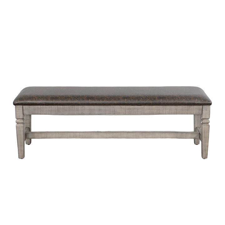 Camie Dining Bench, 56 Inch Faux Leather Seat, Gray Mahogany Wood - Benzara
