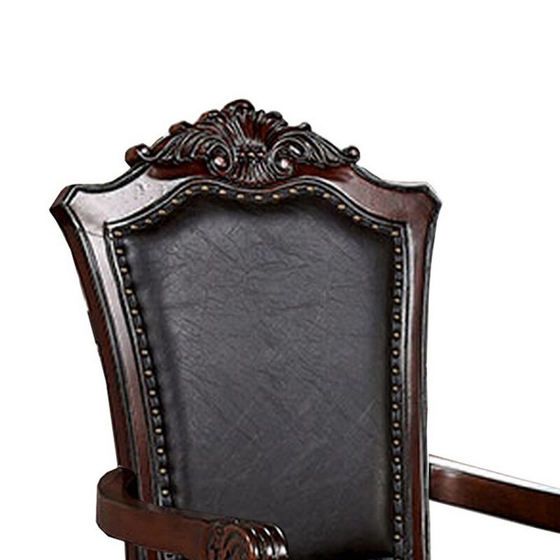 Albi 28 Inch Carved Dining Armchair, Set of 2, Black Faux Leather - Benzara
