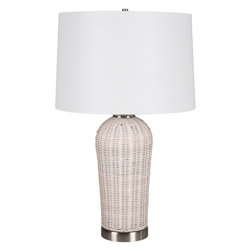 25 Inch Table Lamp, Rattan Woven, White Linen Shade, Brushed Silver Accents - Benzara