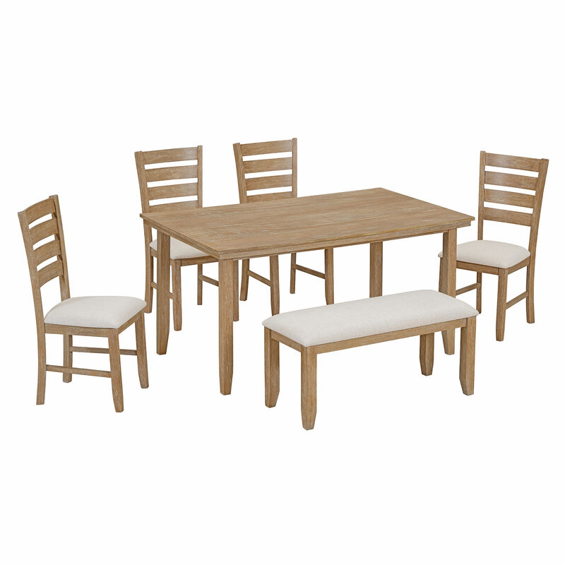 Dining Room Table and Chairs with Bench, Rustic Wood Dining Set, Set of 6 (Natural Wood Wash)