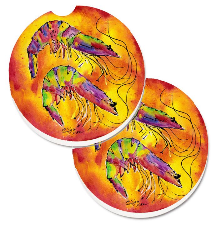 Caroline's Treasures Bright Shrimp on Red Set of 2 Cup Holder Car Coasters 8378CARC, 2.56, Multicolor