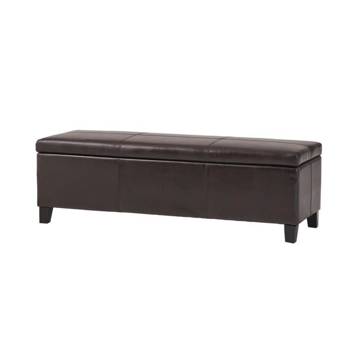 Elias Storage Ottoman Bench, Detailed Brown Faux Leather, 51 Inch -Benzara