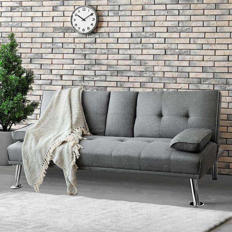 Convertible Folding Futon Sofa Bed Fabric with 2 Cup Holders