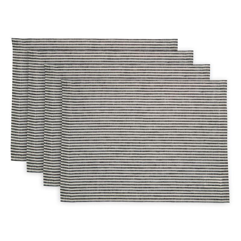 Solino Home 100% Pure Linen Placemats 14 x 19 Inch Set of 4 | Narrow Stripe