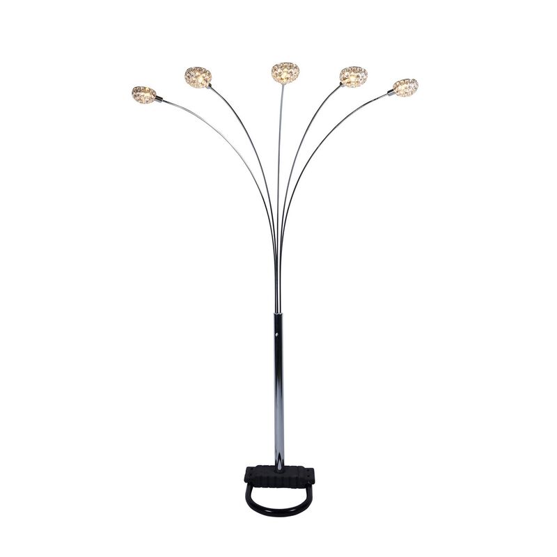 Arya 94 Inch 5 Light Arc Floor Lamp, Crystal Accents, Modern Style, Chrome-Benzara