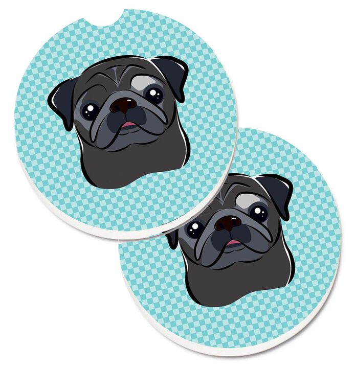 Caroline's Treasures Checkerboard Blue black Pug Set of 2 Cup Holder Car Coasters BB1201CARC, 2.56, Multicolor