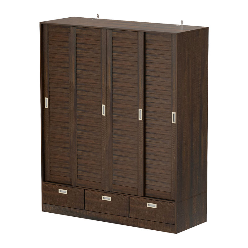 Dark Brown Wood 59.1 in. W 4-Door Big Wardwore Armoires With 4 Sliding Doors, Hanging Rods, Drawers, Storage Shelves