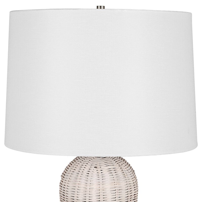 25 Inch Table Lamp, Rattan Woven, White Linen Shade, Brushed Silver Accents - Benzara