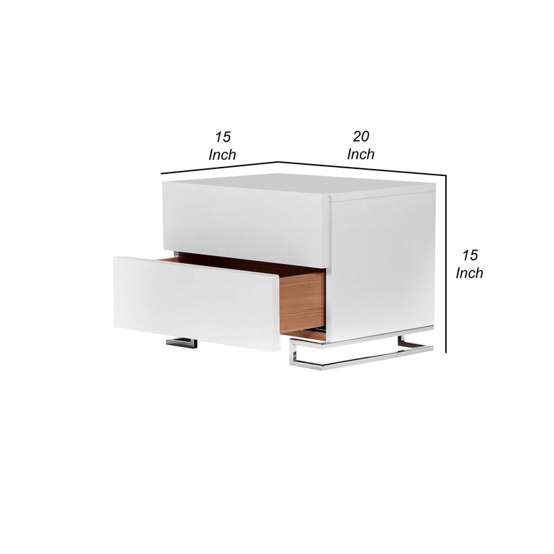 Sam 20 Inch Nightstand, 2 Drawers, White Wood, High Polished Metal Legs - Benzara