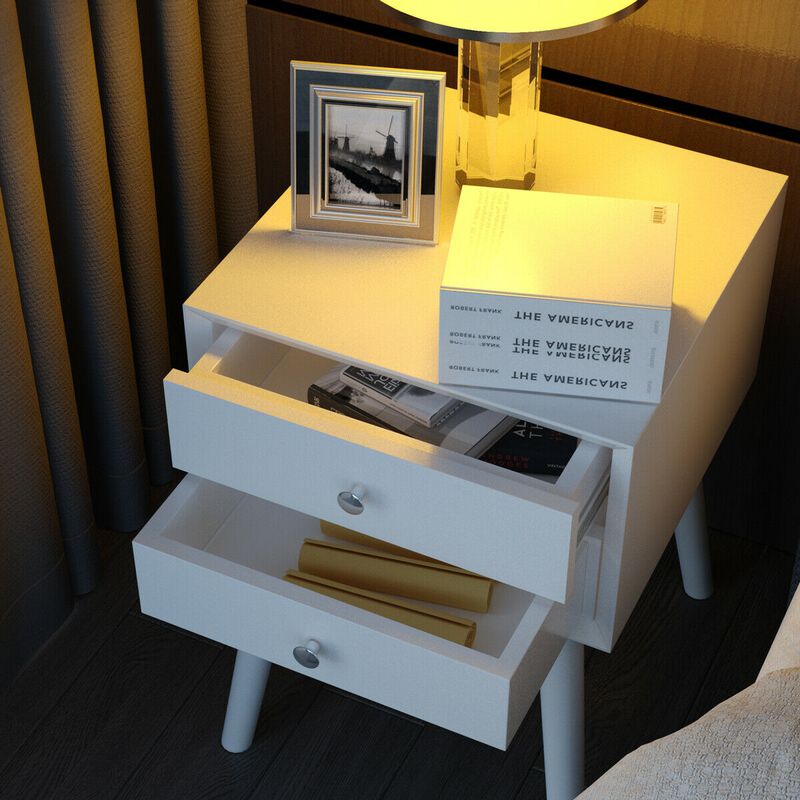Wooden Nightstand Mid-Century End Side Table with 2 Storage Drawers