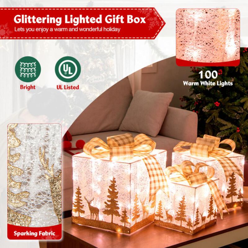 Hivvago Set of 3 Lighted Christmas Gift Box with 100 Warm White Lights