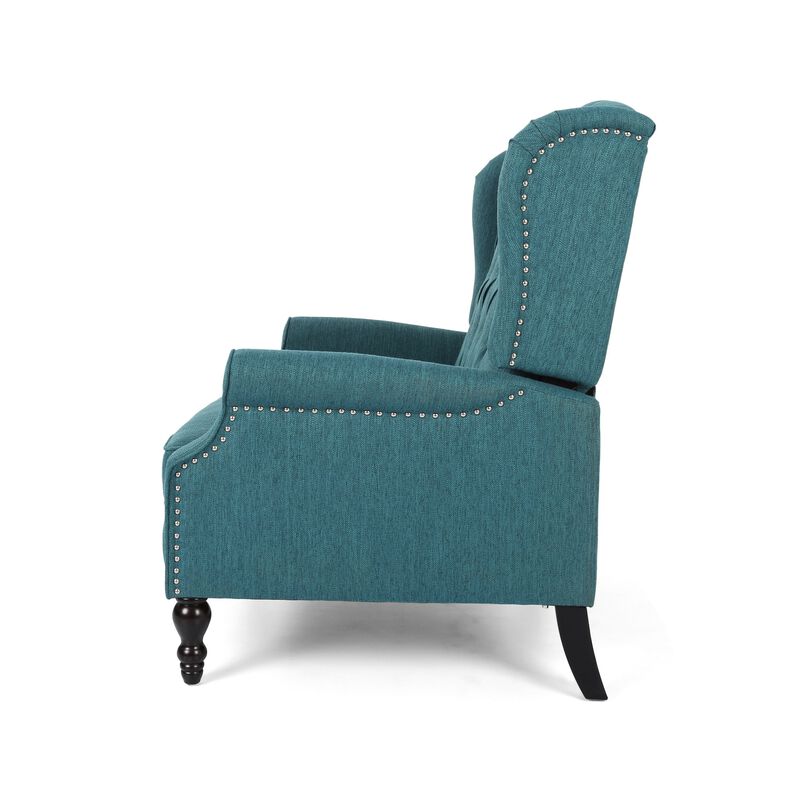 Jade Oversize Wide Chair Manual Recliner, Wingback, Teal Button Tufted - Benzara