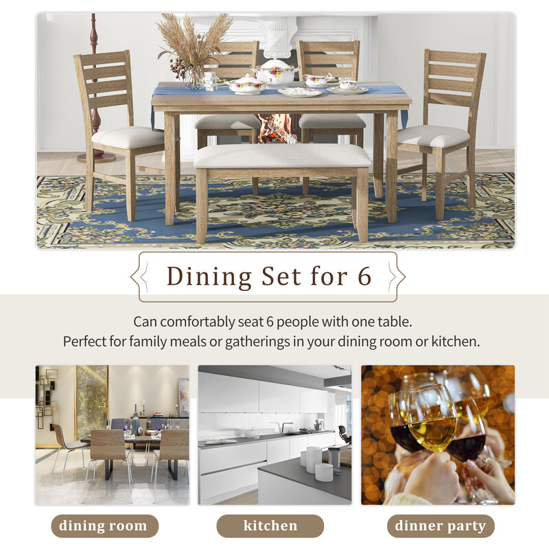 Dining Room Table and Chairs with Bench, Rustic Wood Dining Set, Set of 6 (Natural Wood Wash)
