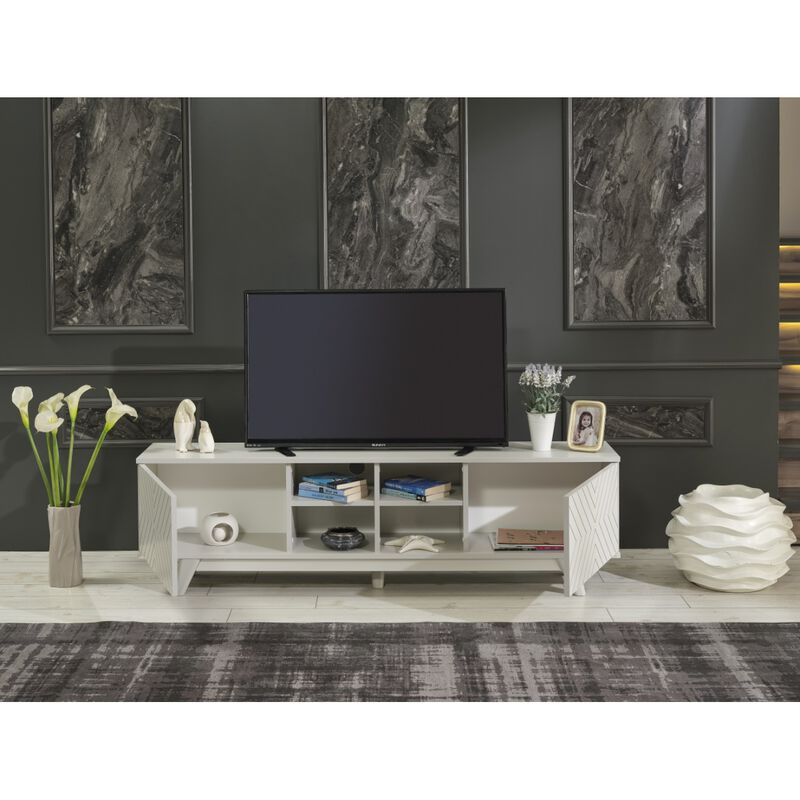 Store Lina Mid Century Modern TV Stand 2 Door Cabinet 4 Cubby Hole Shelves 67 Inch TV Unit
