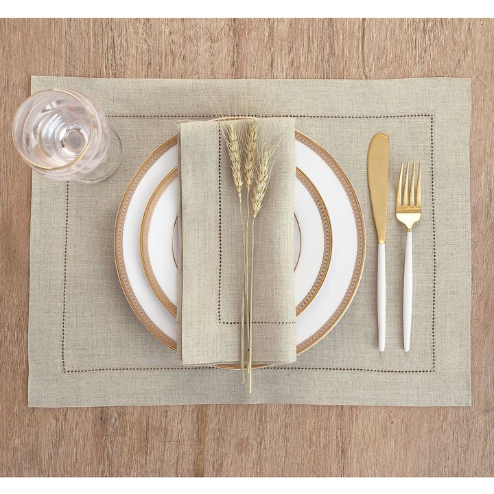Solino Home 100% Pure Linen Placemats Set of 4 - 14 x 19 Inch | Classic Hemstitch