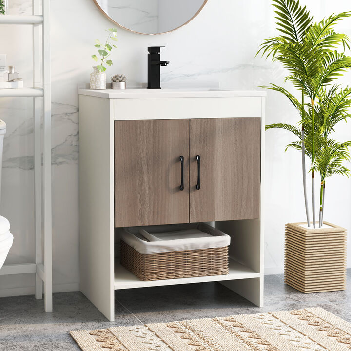 Bathroom Vanity Sink Combo Cabinet with Doors and Open Shelf
