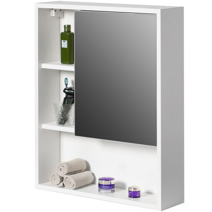Wall Mount Bathroom Mirrored Storage Cabinet with Open Shelf | 2 Adjustable Shelves Medicine Organizer Storage Furniture for Bathrooms, Kitchens, and Laundry Room (White)