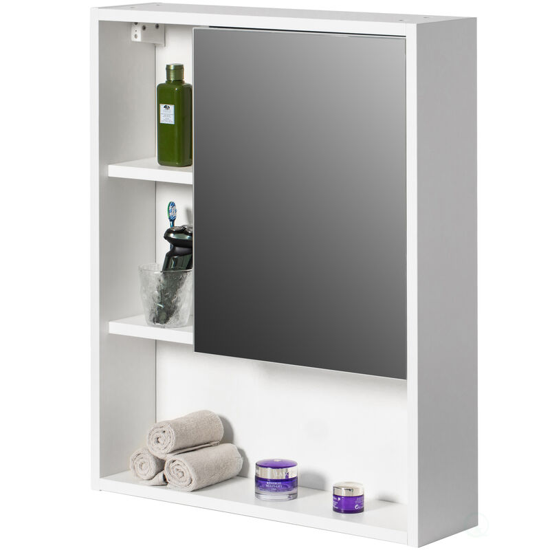 Wall Mount Bathroom Mirrored Storage Cabinet with Open Shelf | 2 Adjustable Shelves Medicine Organizer Storage Furniture for Bathrooms, Kitchens, and Laundry Room (White)
