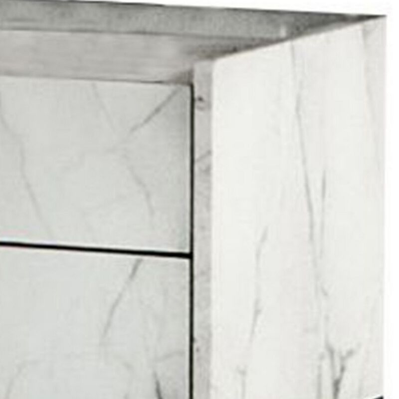 Noe Paul 24 Inch Wood Nightstand, 2 Drawers, Faux White Marble, Metal Legs-Benzara