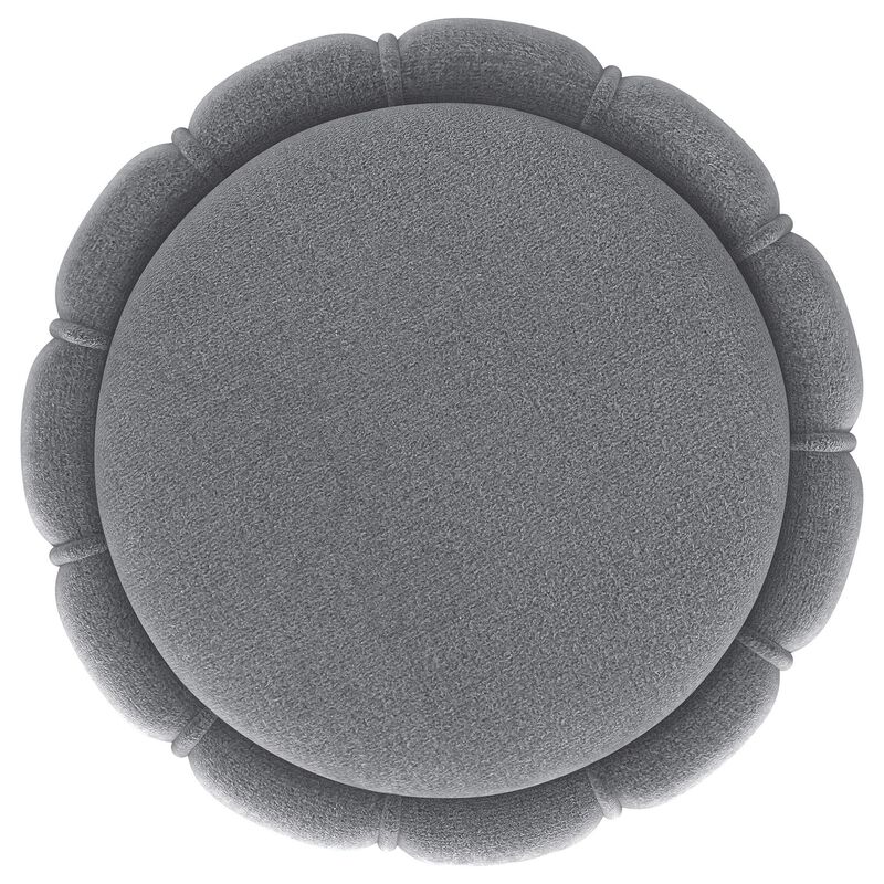 Soraya Ottoman, Tufted Gray Fabric, Round 17 Inch, Gold Metal Band - Benzara