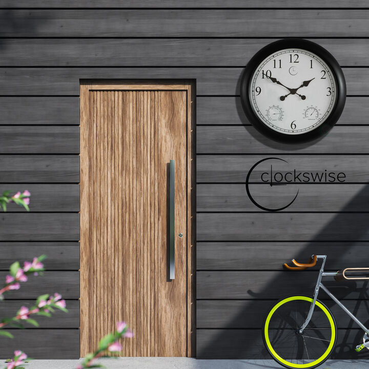 24-inch Large Outdoor Wall Clock Thermometer Combo, Waterproof Hygrometer Silent Battery Operated Clocks Timepiece Garden Weather Master Station for Home Indoor or Patio Pool Photography Props Black