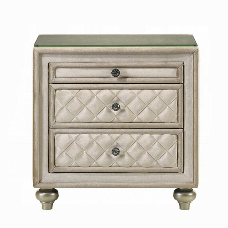 Willa Nightstand, 2 Drawers, Pull Out Tray, 27 Inch Wood, Beige Velvet - Benzara