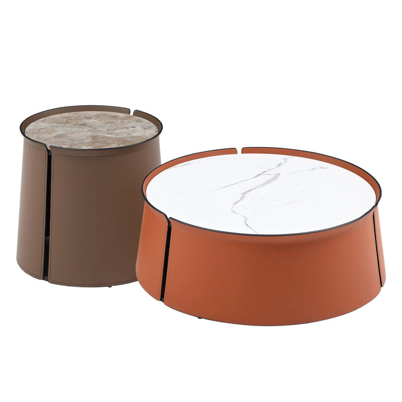 31.5" Coffee Table, Marble Top+Orange Saddle Leather Body+Iron Frame