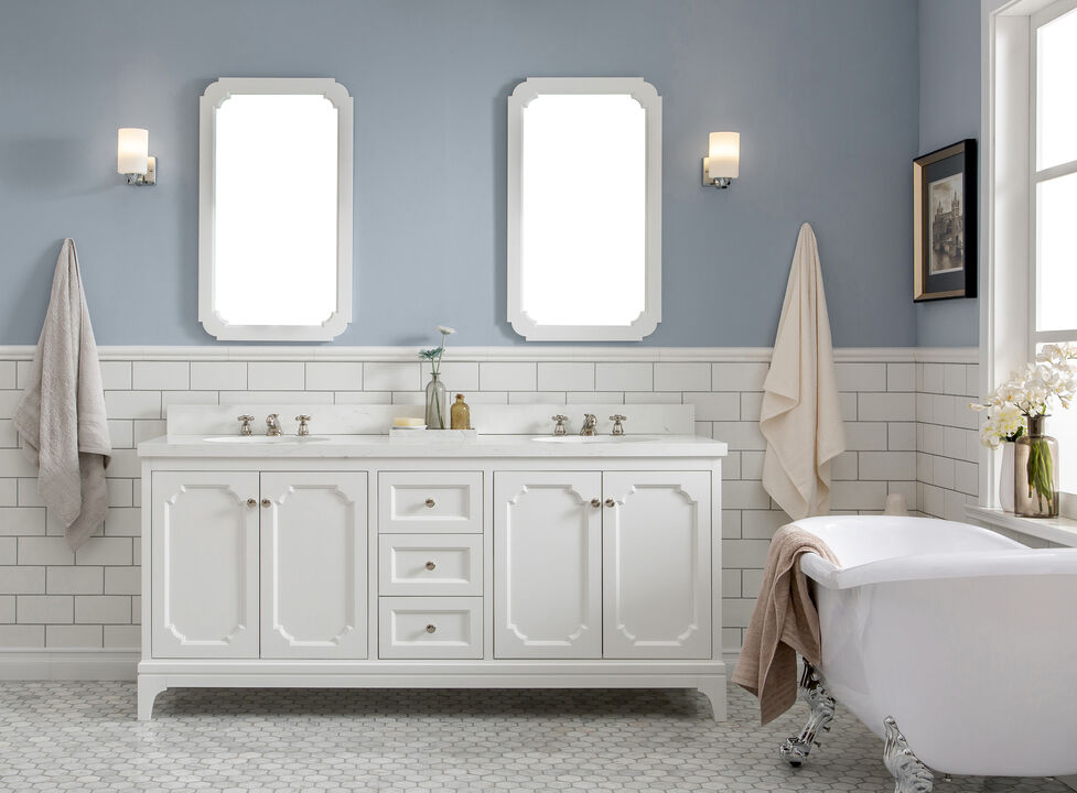 Queen 72 In. Double Sink Sink Carrara Quartz Countertop Bath Vanity in Pure White with Polished Nickel (PVD) Hardware