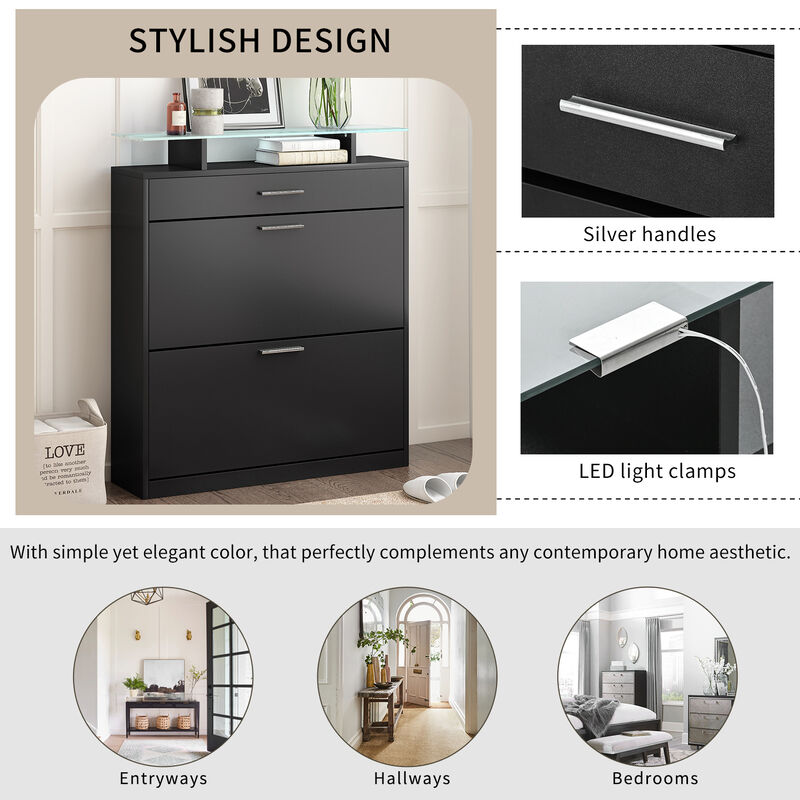 Merax Tempered Glass Top Shoe Storage Cabinet with Drawer