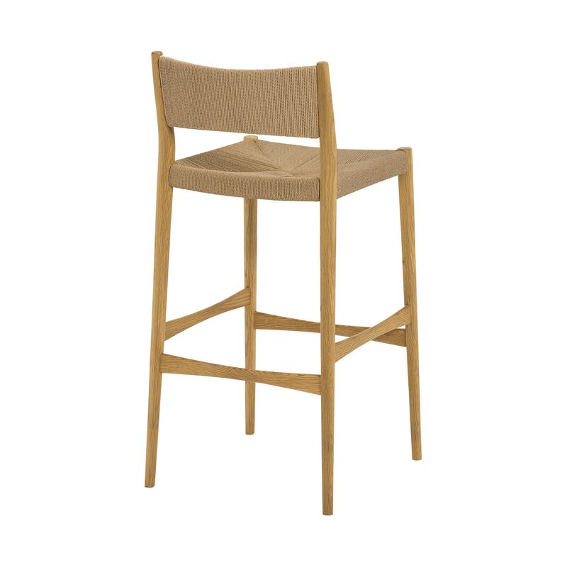 Rie Barstool Chair, Danish Inspired Panel Backrest, Brown Woven Paper Cord - Benzara