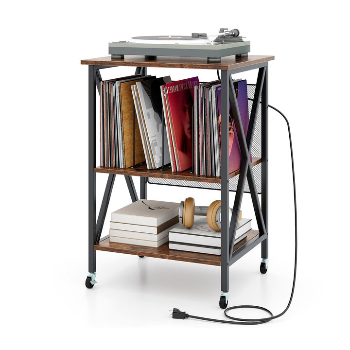 Mid-Century Vinyl Record Player Stand with Built-In Charging Station and Storage