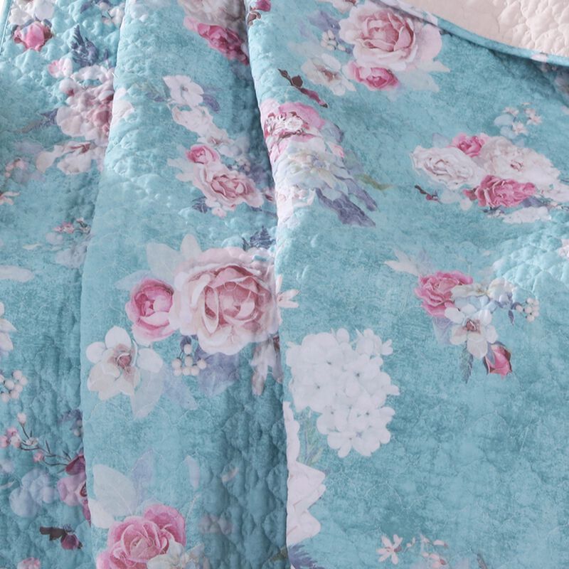 50 x 60 Inch Microfiber Throw Blanket, Floral Print, Blue, Pink, White - Benzara