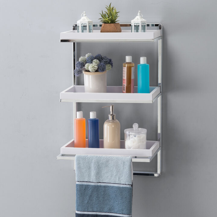Wall Mount 3-Tier White and Chrome Bathroom Shelf with Towel Bar and Removable Trays
