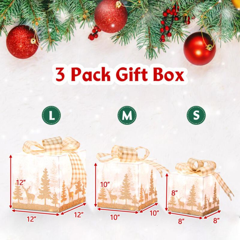 Hivvago Set of 3 Lighted Christmas Gift Box with 100 Warm White Lights