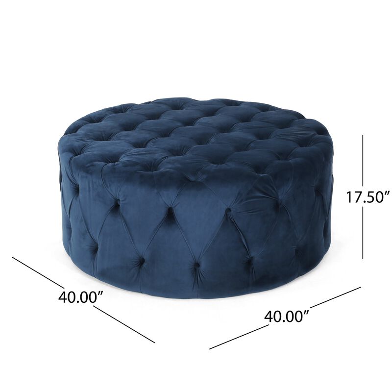 Vivan Ottoman, Tufted Blue Velvet, Soft Cushions, Round 40 Inch Top - Benzara