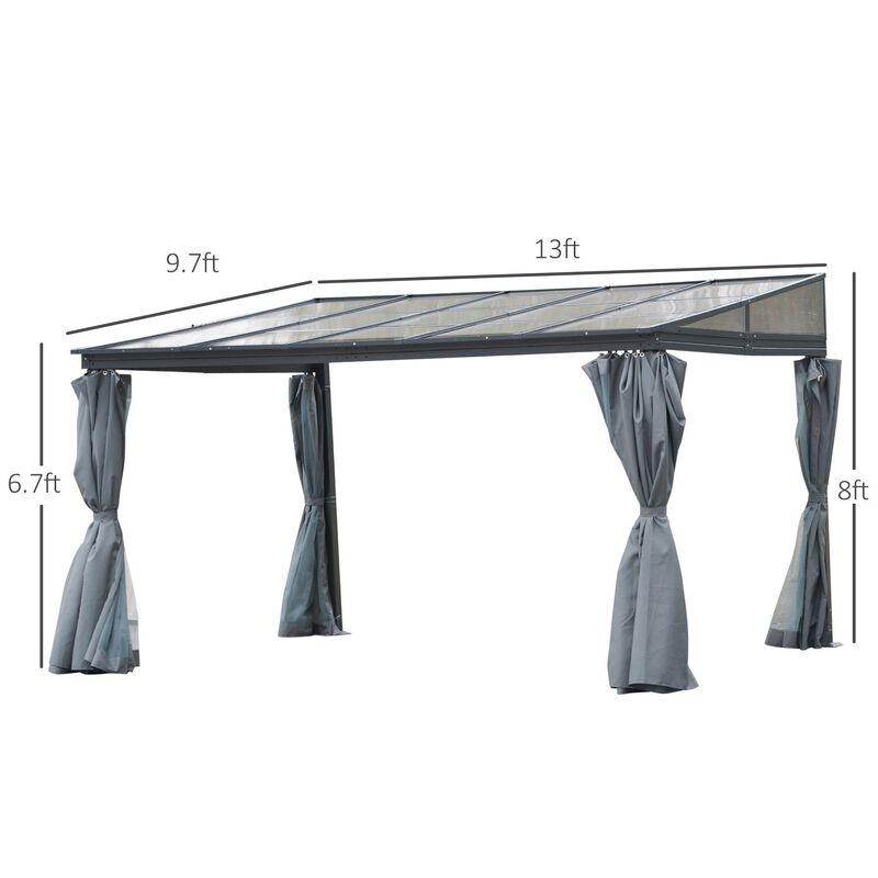 Grey Garden Pavilion: 13'x9.5'x8' Pergola with PC Roof and Curtains