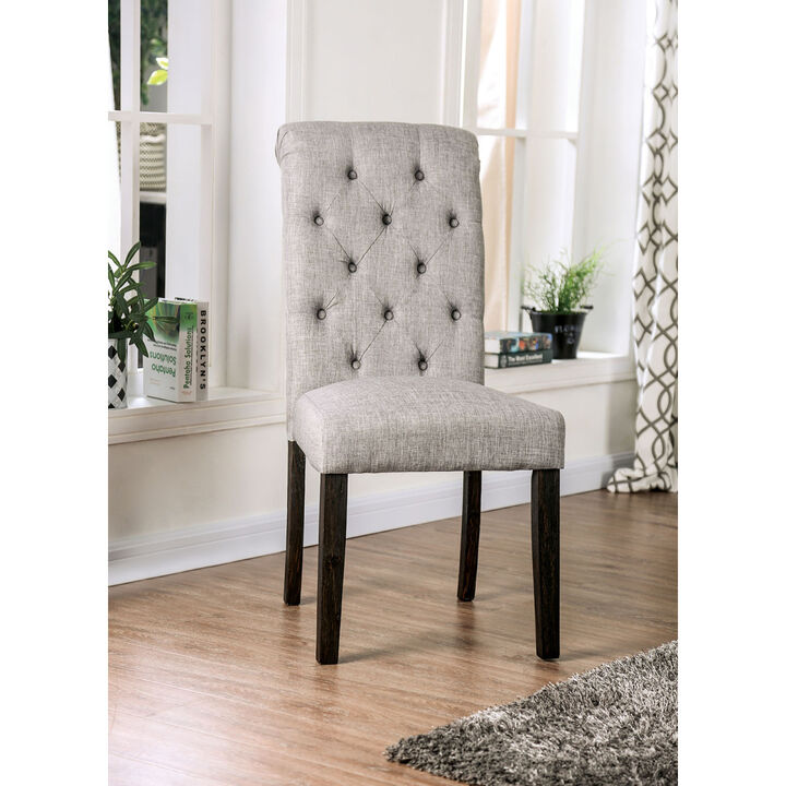 Classic Antique Black / Light Gray Set of 2 Side Chairs Button Tufted Linen Like Fabric Solid wood Chair Upholstered Scroll Back Kitchen Rustic Dining Room Furniture